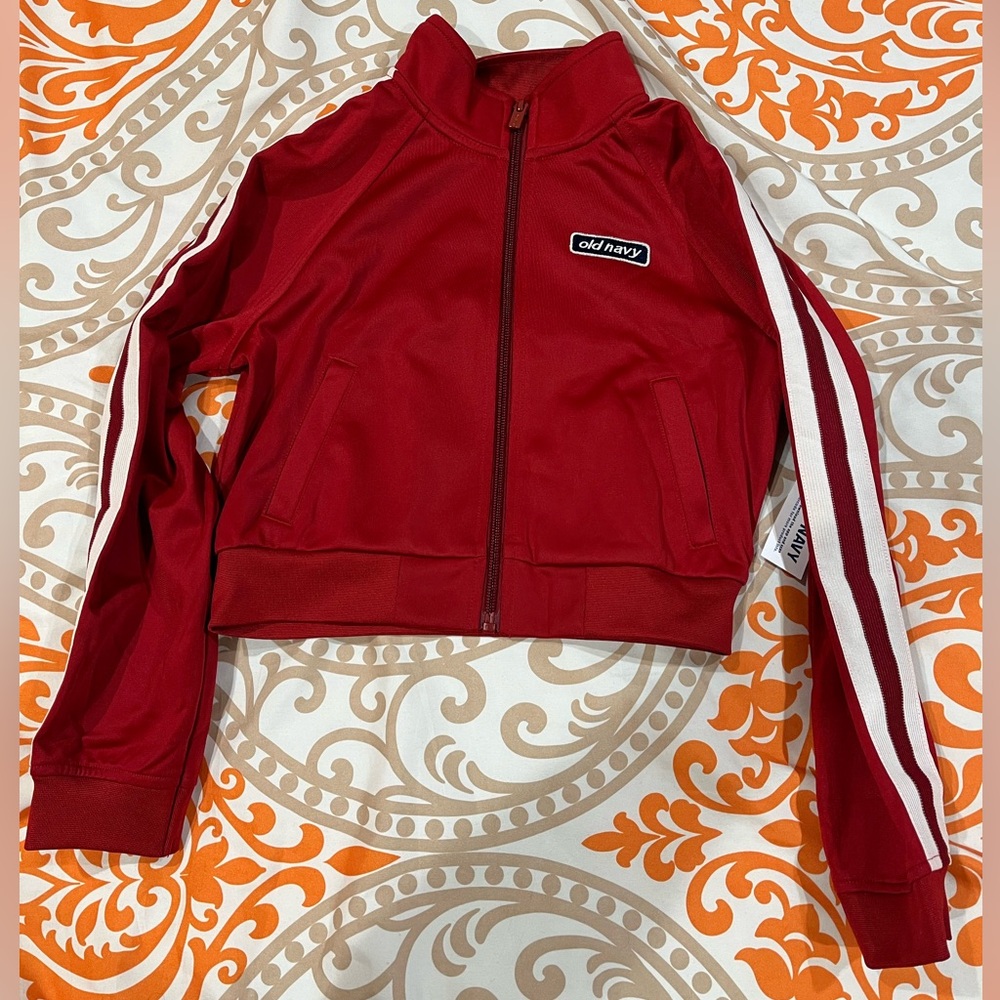 Old Navy Girl’s Red Bomber Jacket with White Stripes. NWT